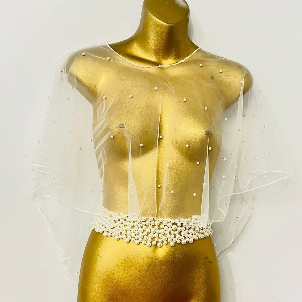Anthropologie White sheer wedding bride tulle pearl cape cover up
